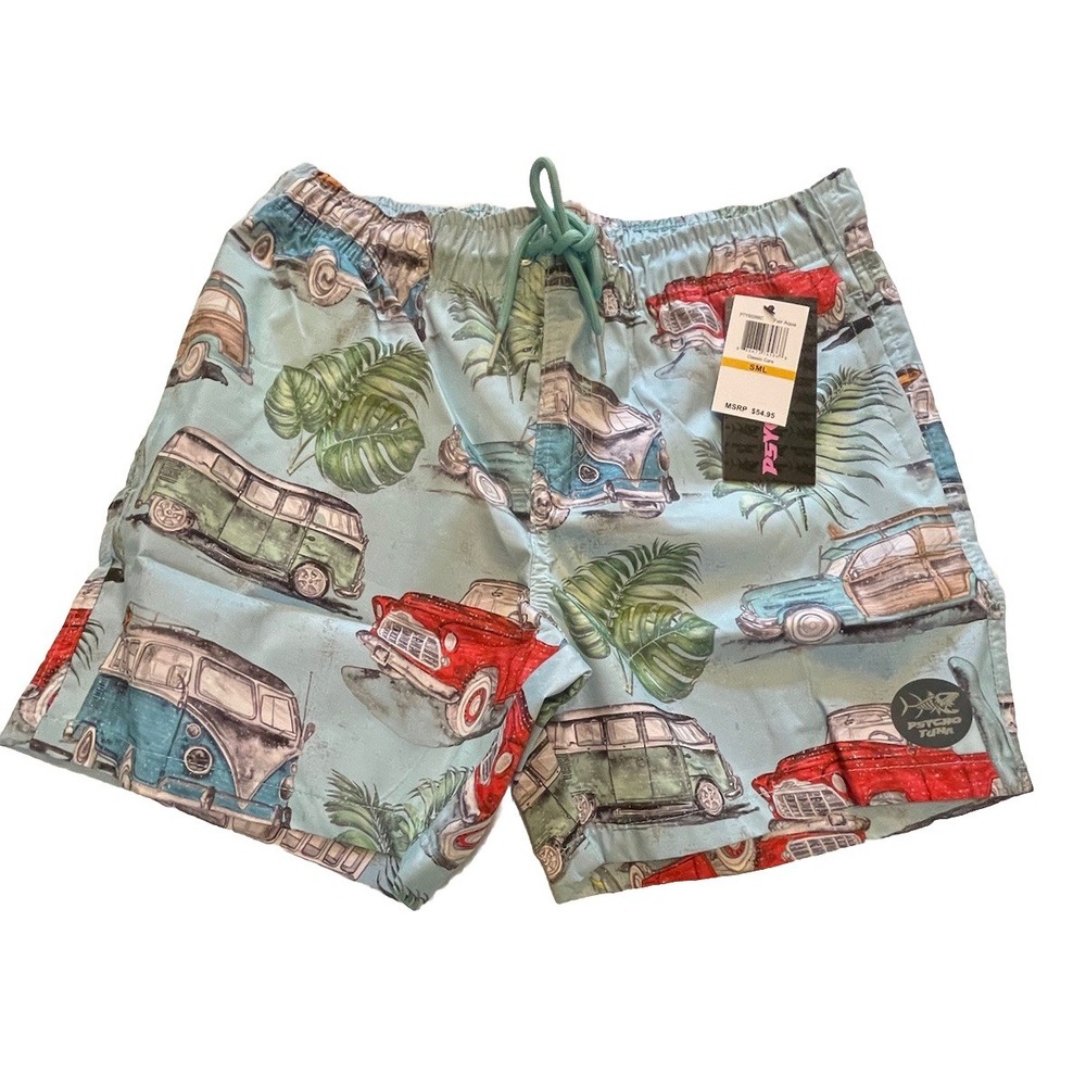 Psycho Tuna- Classic Cars - Swim‎ Trunks Shorts- Men's Size Small Pockets